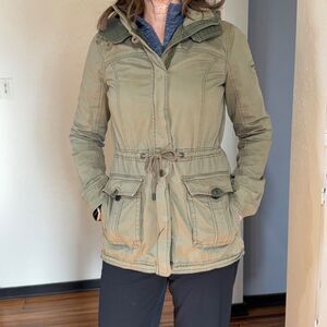 Vtg Abercrombie & Fitch Y2K Olive Utility Cargo Jacket Military Style Hood Sz L